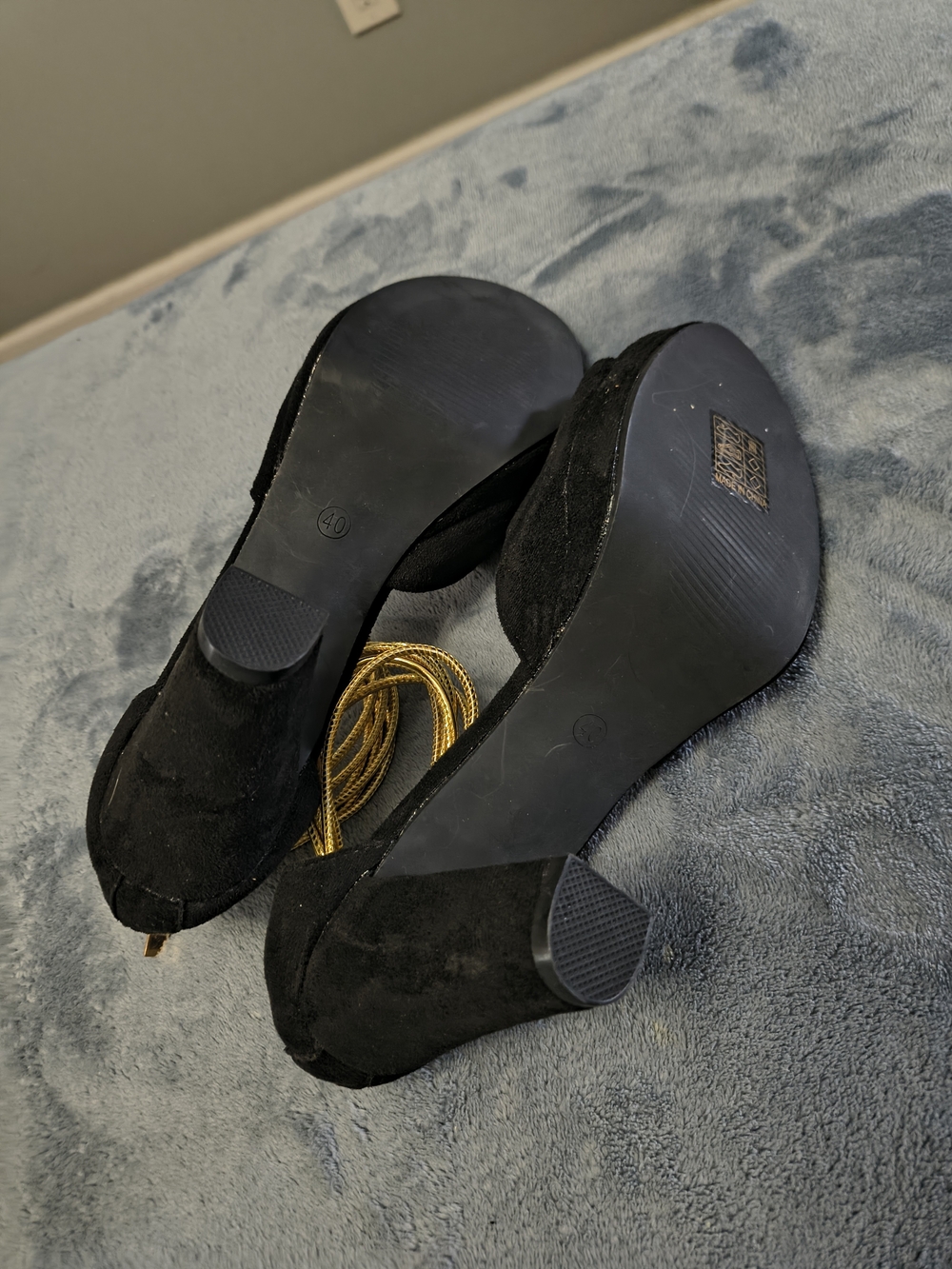 Black Women's Suede Heeled Sandals with Gold Wrap Tie